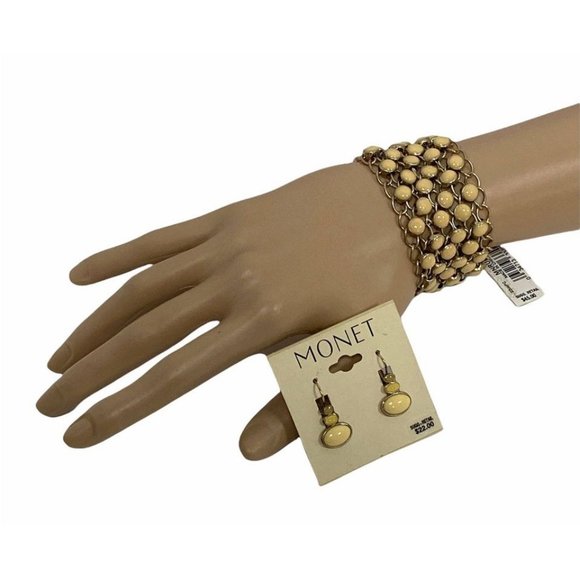 Monet Cream Enamel and Gold Tone Chain Link Bracelet and Earring Set NWT